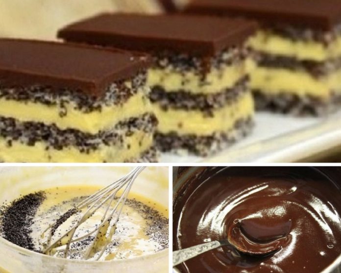 Prăjitură Cu Blat De Mac Cremă De Vanilie Si Glazură De Ciocolată
